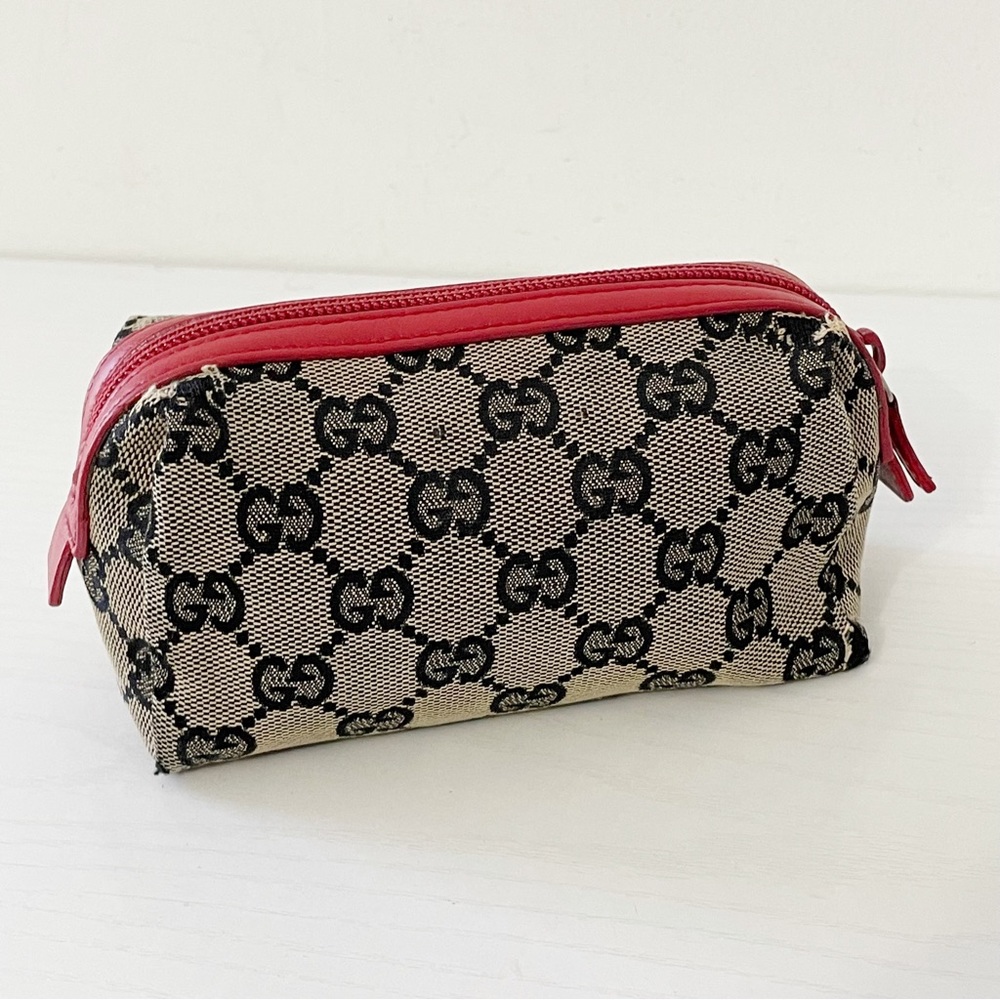 ❤️SOLD❤️Gucci navy blue monogram canvas red leather small cosmetic zip pouch - Picture 3 of 12